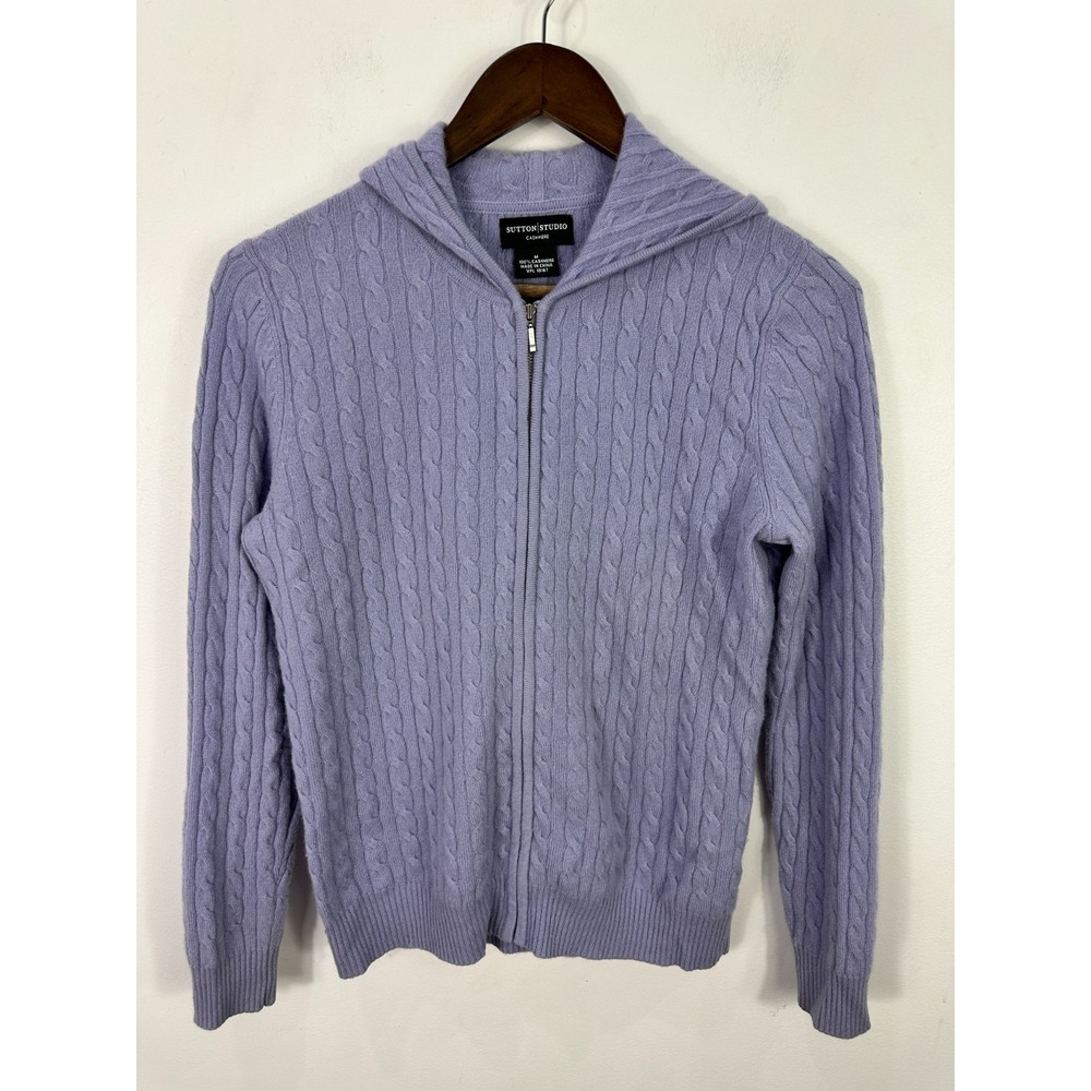 Sutton Studio Sweater Womens Medium Purple Cashmere Full Zip Hooded Cable Knit
